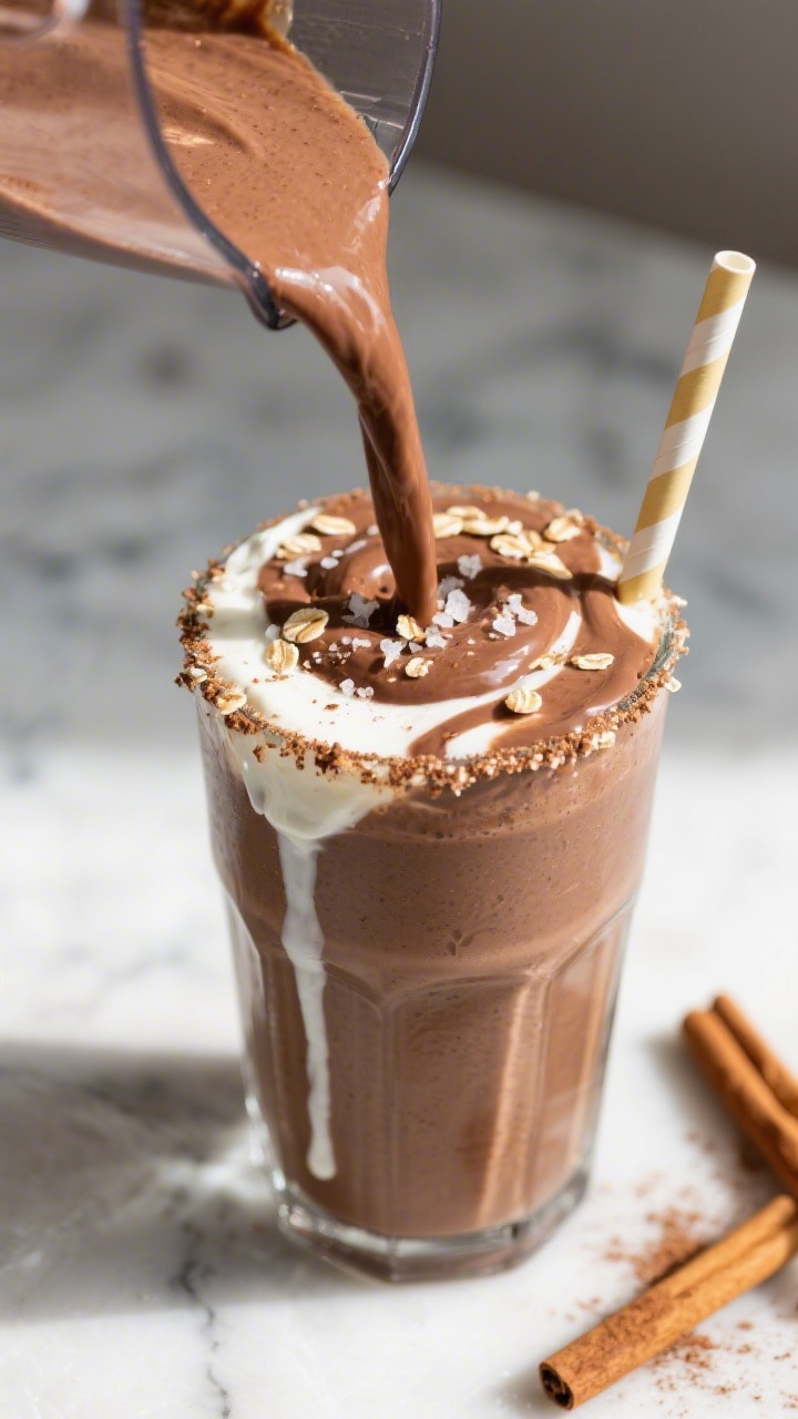 Close-up detail: Silky, thick chocolate-banana high-calorie smoothie being poured from a blender int