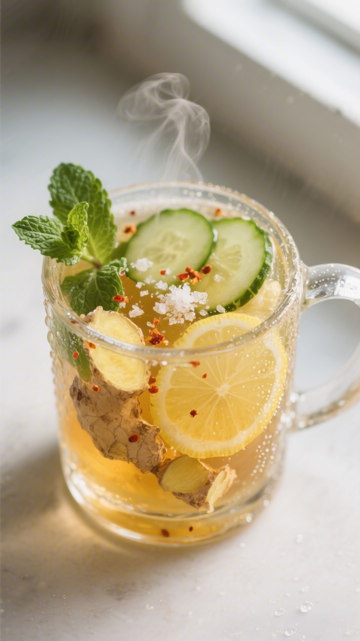 Close-up detail: Steaming warm detox drink in a clear glass mug, honey fully dissolved, visible lemo