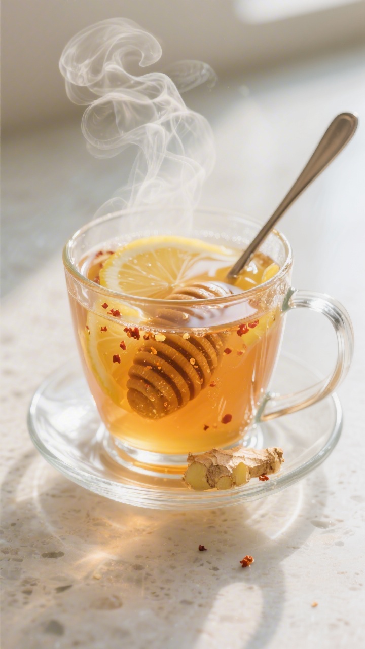 Close-up detail: steaming warm detox drink in a clear glass mug, honey visibly dissolving in swirlin
