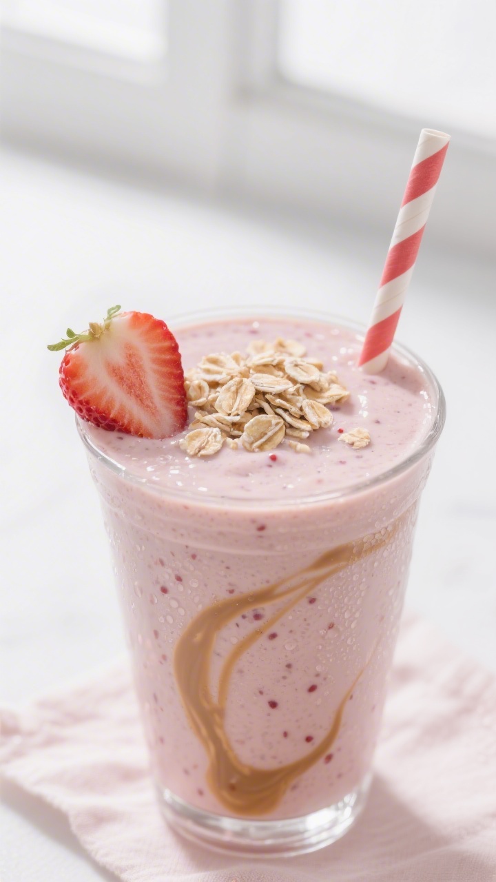 Close-up detail: Thick, creamy PB&J smoothie just poured into a kid-friendly clear tumbler with a wi