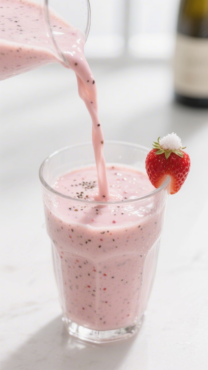Close-up detail: Thick, velvety strawberry banana smoothie mid-pour into a chilled clear glass, ribb