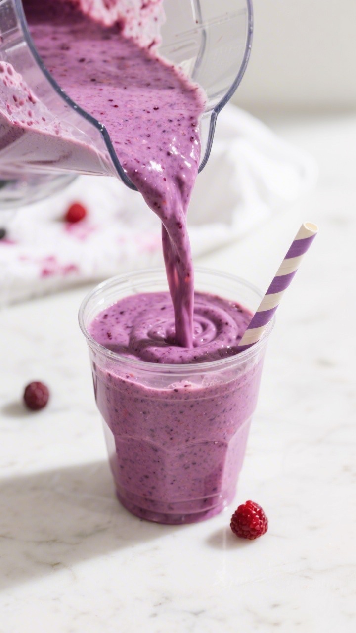 Close-up detail: Ultra-smooth purple Brain Boost Smoothie streaming from a blender spout into a kid-