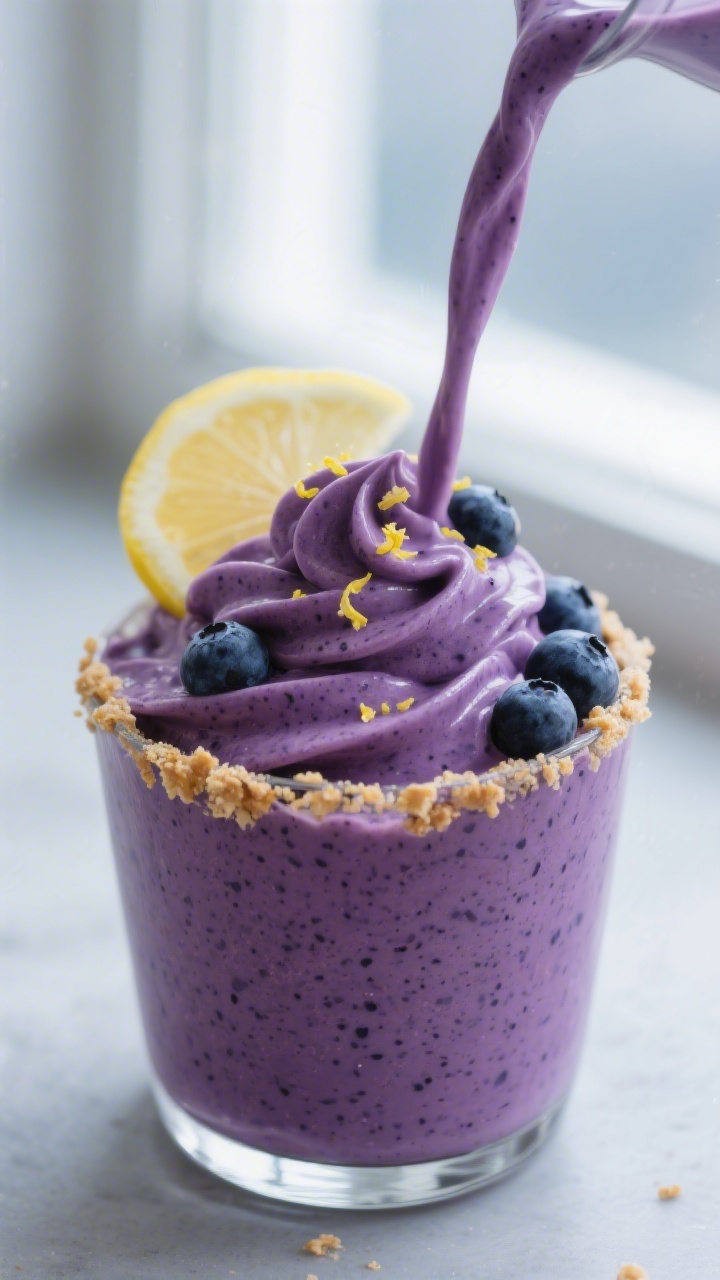 Close-up detail: Ultra-thick blueberry cheesecake smoothie being poured slowly into a chilled glass,