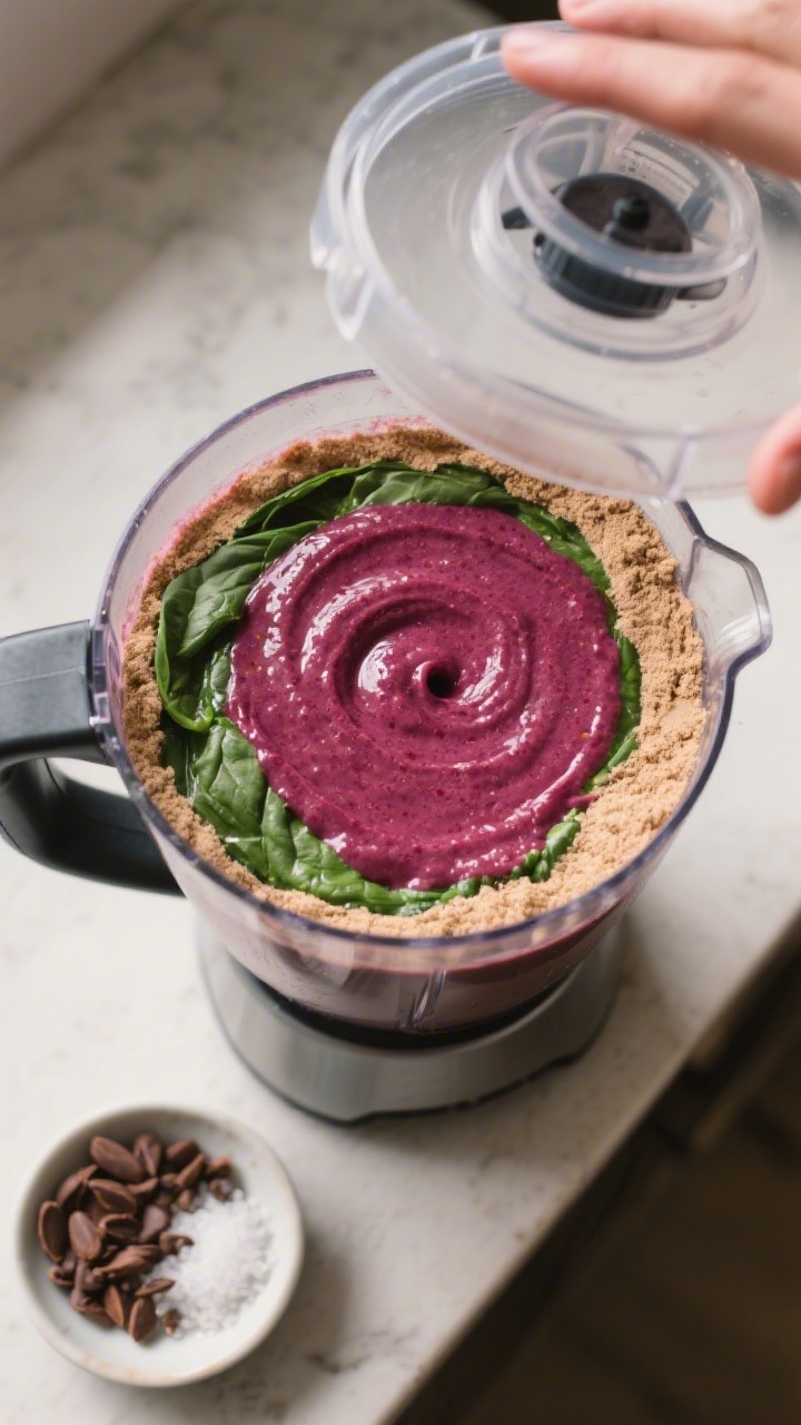 Cooking process: Blender jar just after blending, lid off, showing a perfectly smooth, thick smoothi