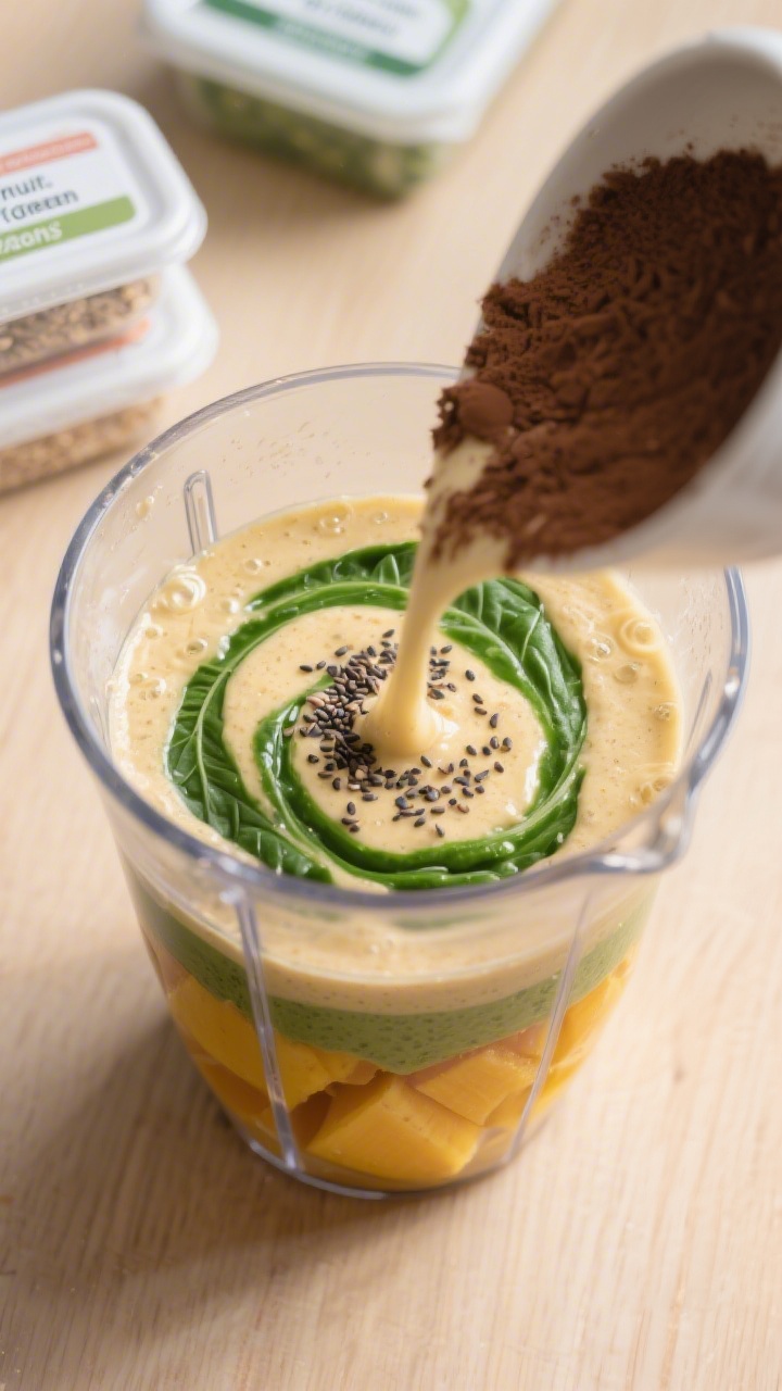 Cooking process: Overhead shot of smoothie blending mid-spin—vortex in a clear blender jar showing