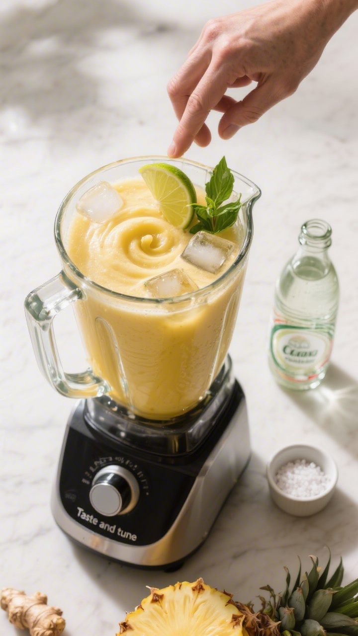 Cooking process: Overhead shot of the blender mid “Taste and tune” step for Pineapple-Ginger Ref