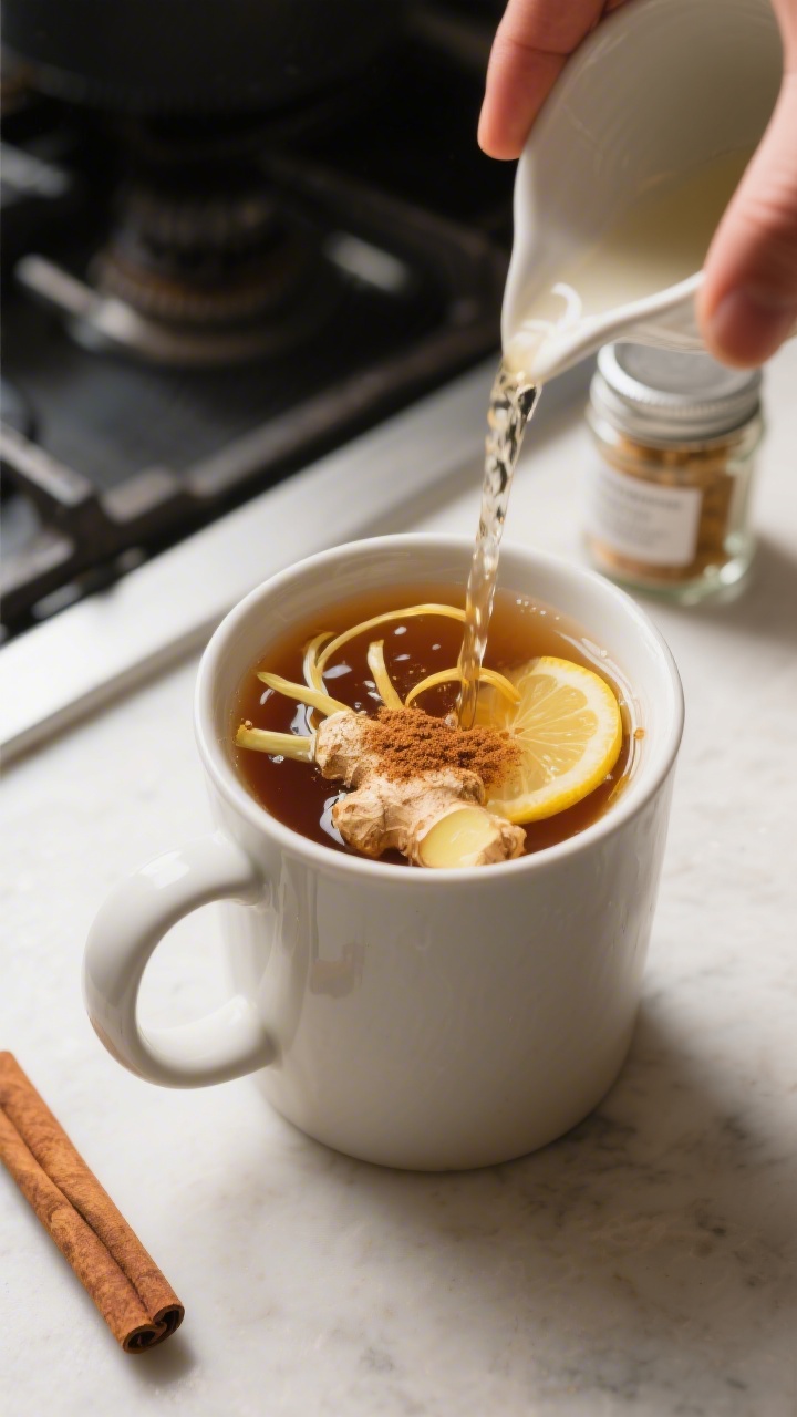 Cooking process: Overhead shot of the drink being assembled in a mug—warm water poured in, with vi