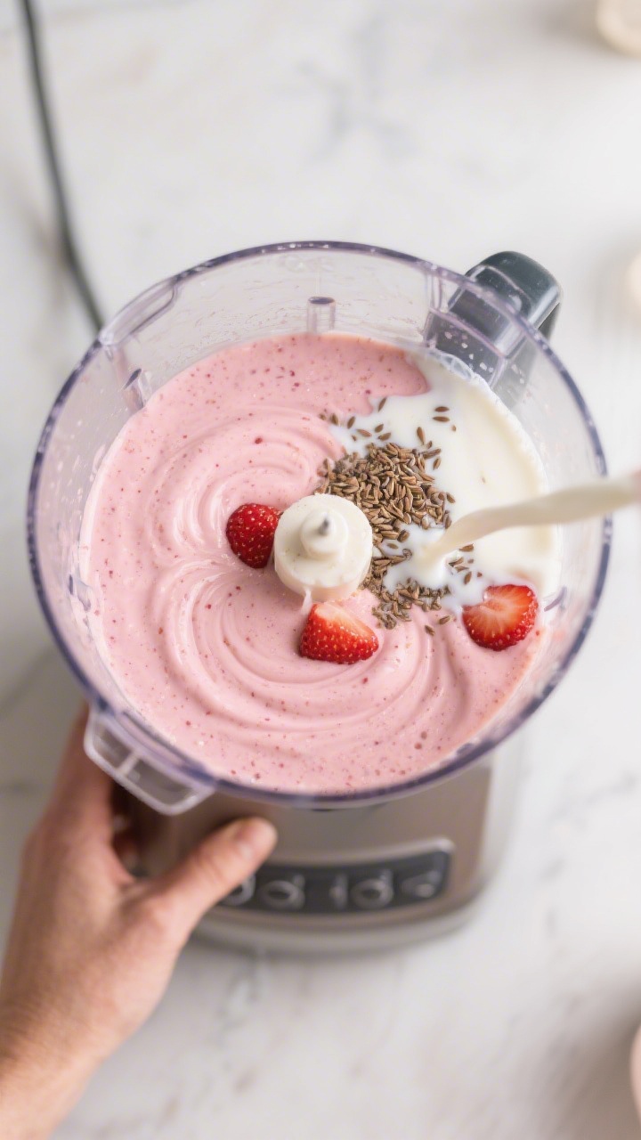 Cooking process: Overhead shot of the smoothie blending stage showing a high-speed blender jar from