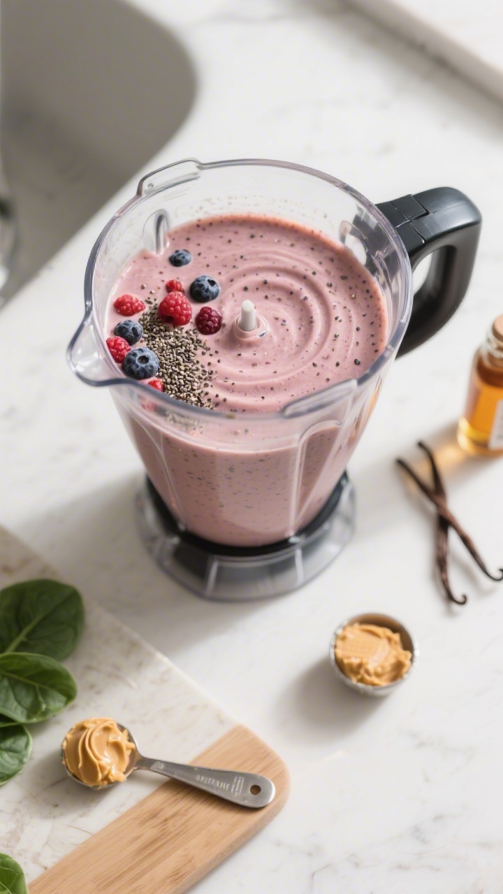 Cooking process: Overhead shot of the smoothie mid-blend in a high-speed blender jar, showing the vo