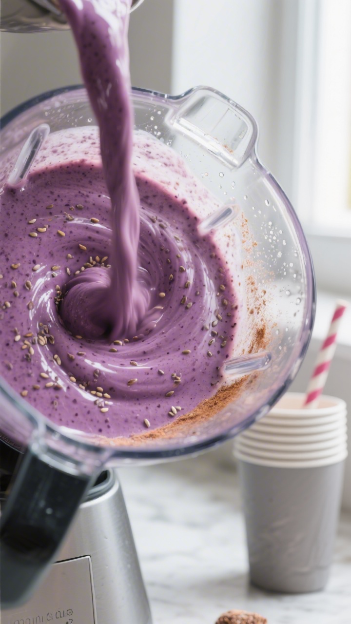 Cooking process — silky blend: Close-up of a high-speed blender mid-action with a swirling vortex 