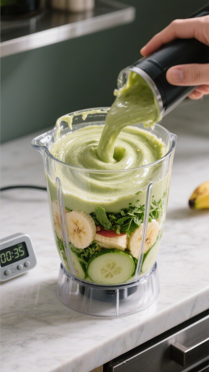 Cooking process: The blending stage captured mid-action—ingredients already transformed into a smo