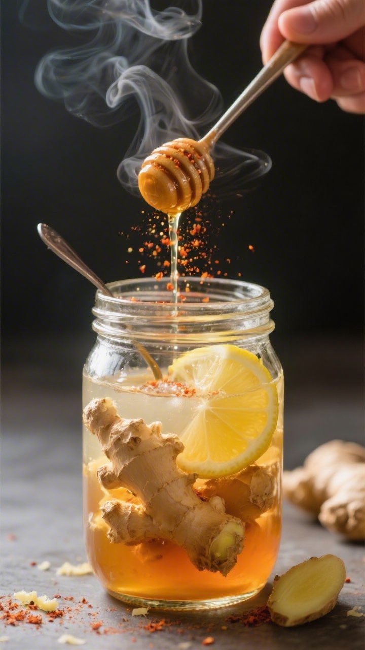 Cooking process: The drink being assembled in a wide-mouth glass jar—freshly grated ginger bloomin
