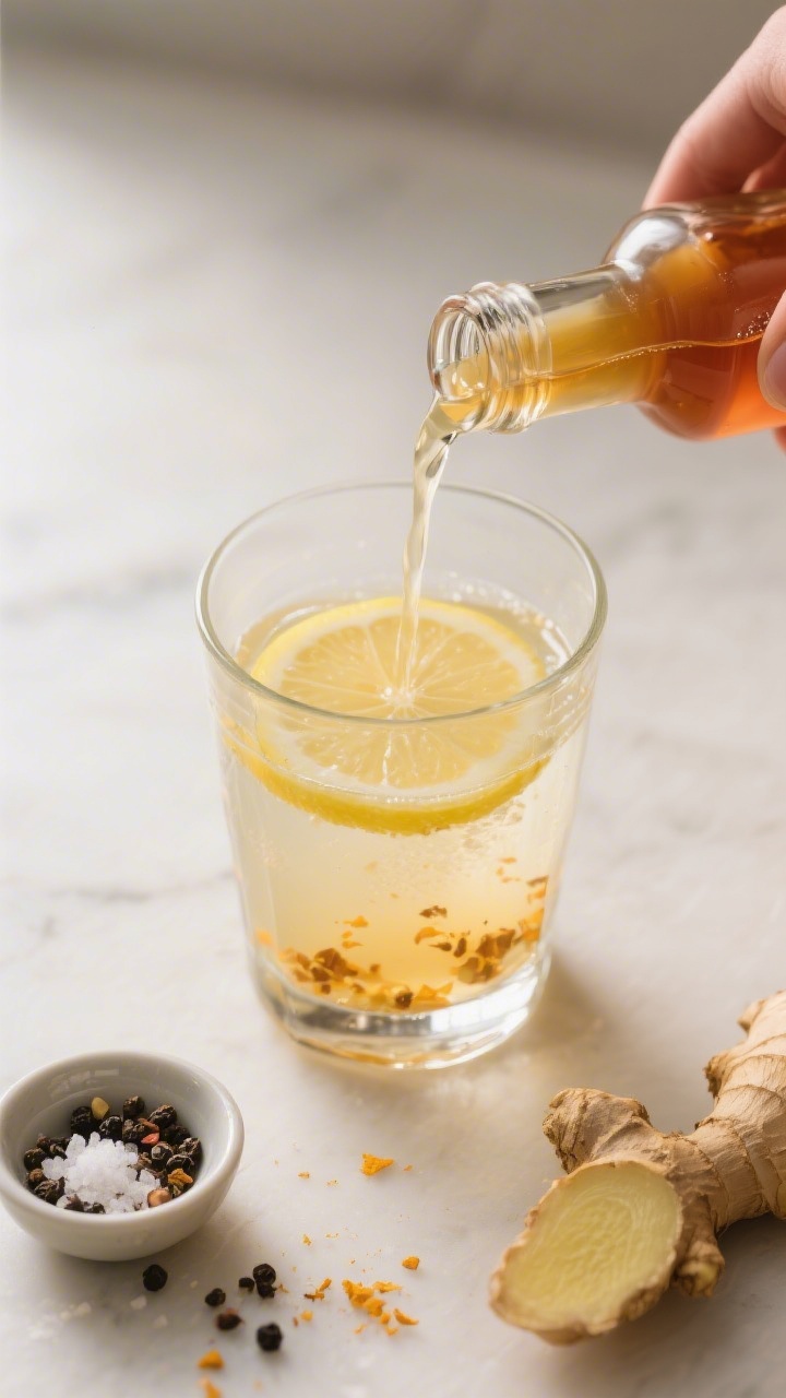 Cooking process: The drink being assembled—overhead shot of a clear glass already filled with warm
