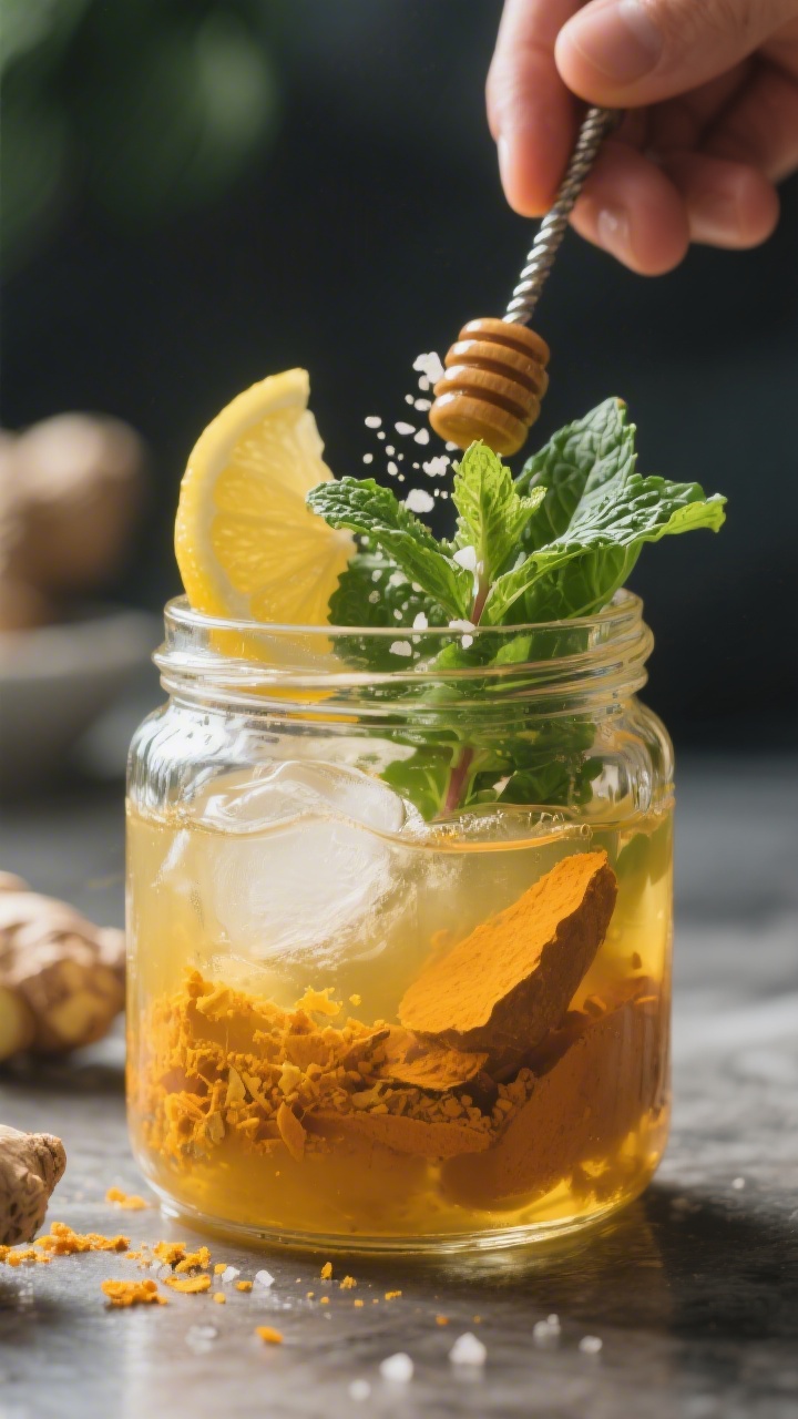 Cooking process: The elixir base being finished in a wide-mouth glass jar—golden liquid after hone