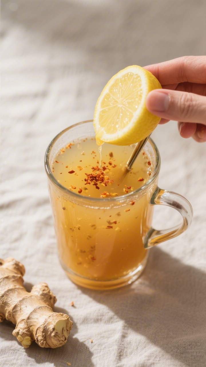 Cooking process: the prepared morning detox drink being finished with a gentle squeeze of lemon over