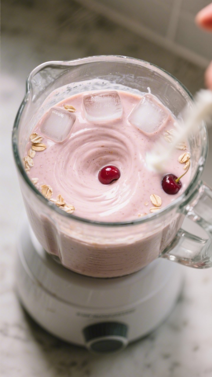 Cooking process: The smoothie being blended till silky—clear blender jar on a countertop showing t