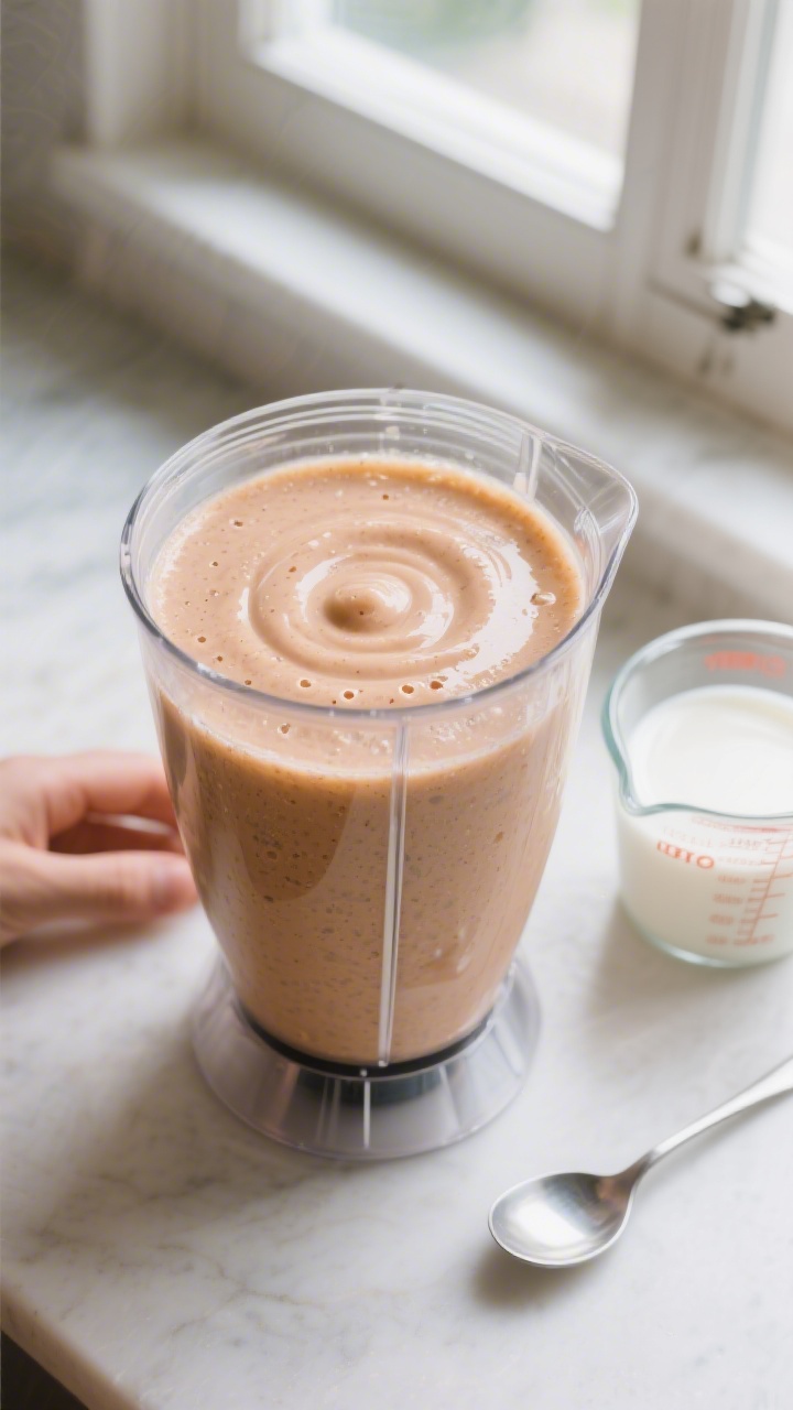 Cooking process: The smoothie mid-blend in a clear blender jar, captured just after blending—perfe