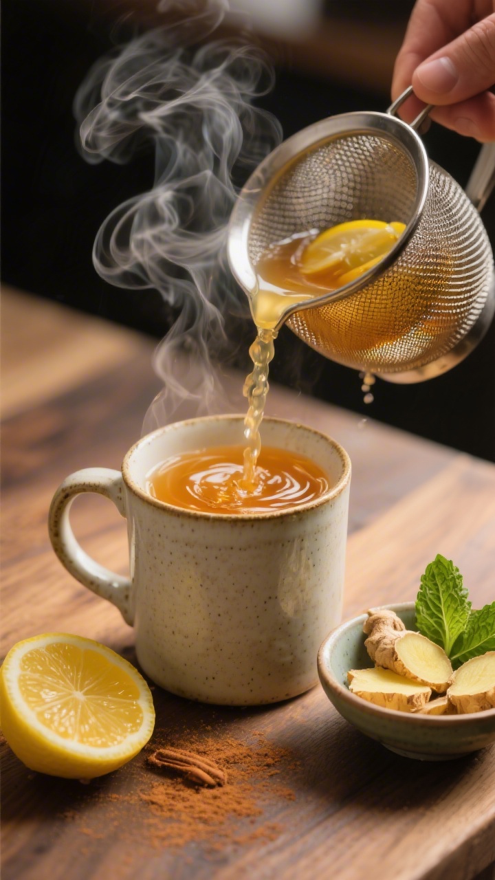 Cooking process: Warm Lemon-Ginger Sipper being finished—steam curling from a ceramic mug while a 