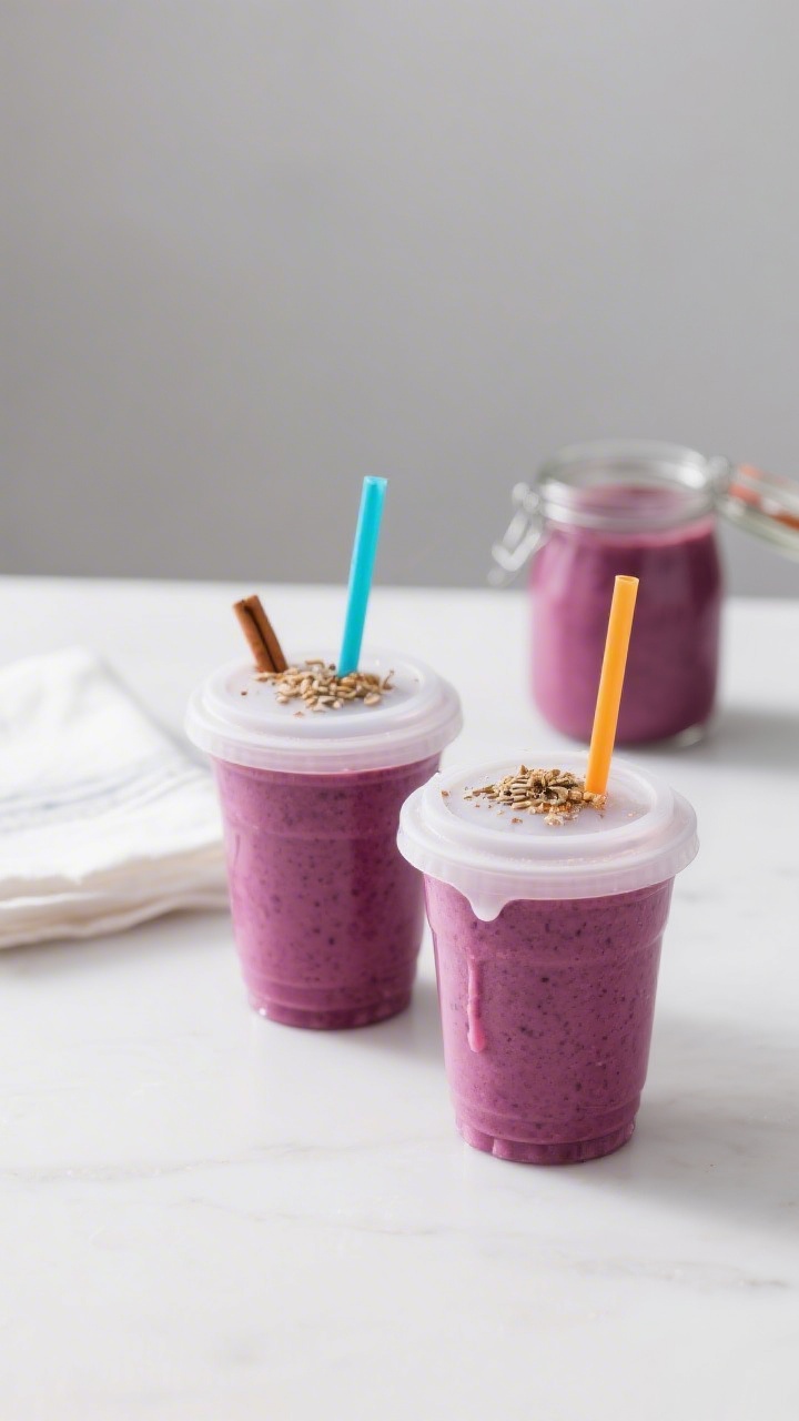 Final dish — kid-friendly grab-and-go: Beautifully poured berry-banana smoothie in two small, fros