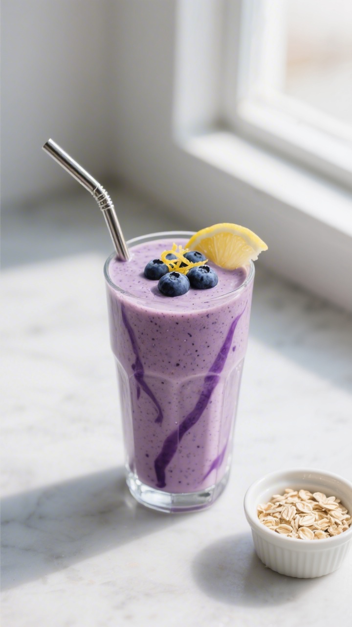 Final dish presentation: A milkshake-level creamy blueberry smoothie in a tall glass with a reusable