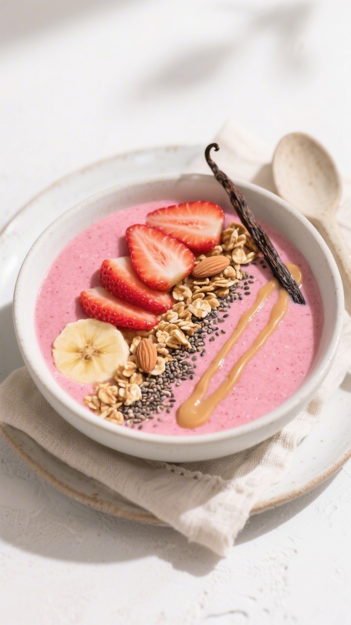 Final dish presentation: Beautifully plated breakfast bowl version—extra-thick strawberry banana s