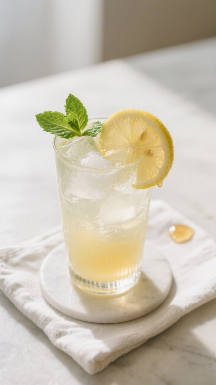 Final dish presentation: Beautifully plated morning detox drink served chilled—of a tall, frosty g