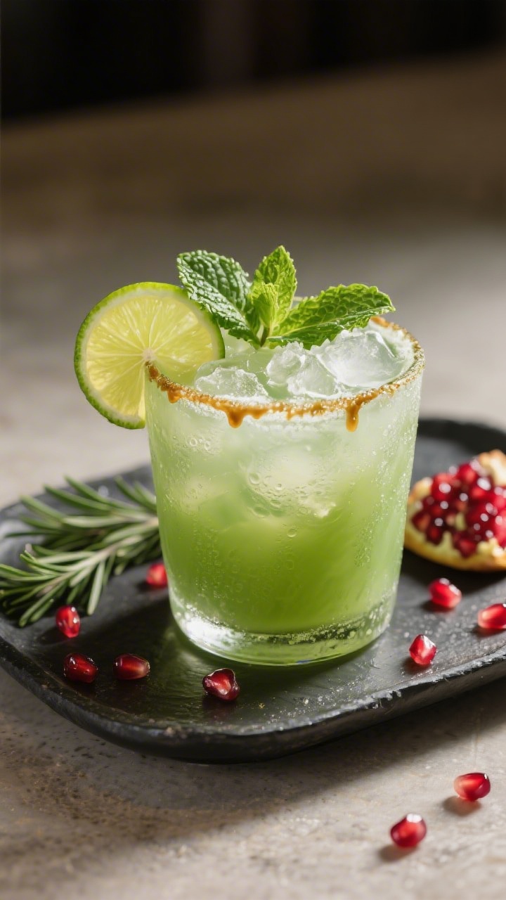 Final dish presentation – “Matcha Lime Refresher, restaurant-quality plating: frosty jade-green 