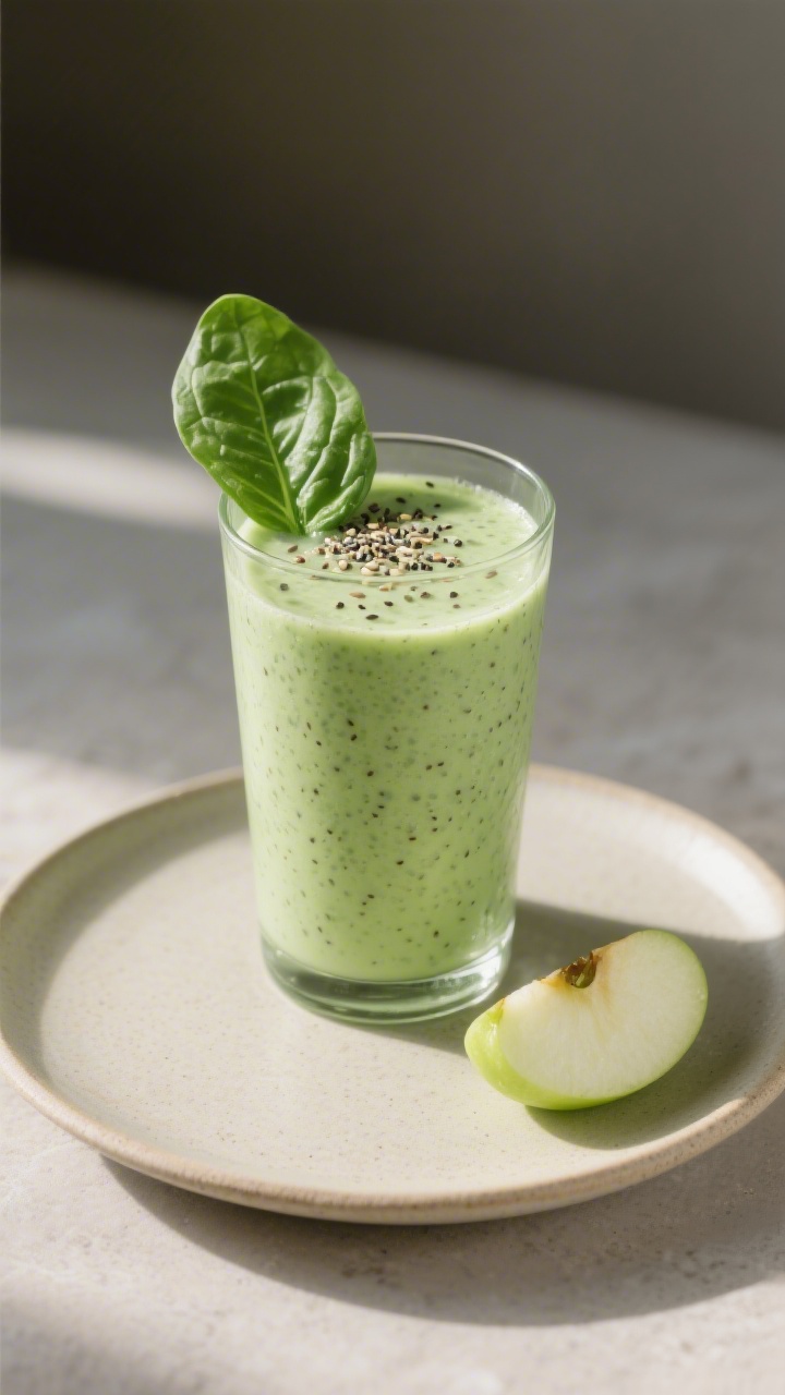 Final dish presentation: Probiotic Green Kefir Smoothie served thick and creamy in a tall glass, vib