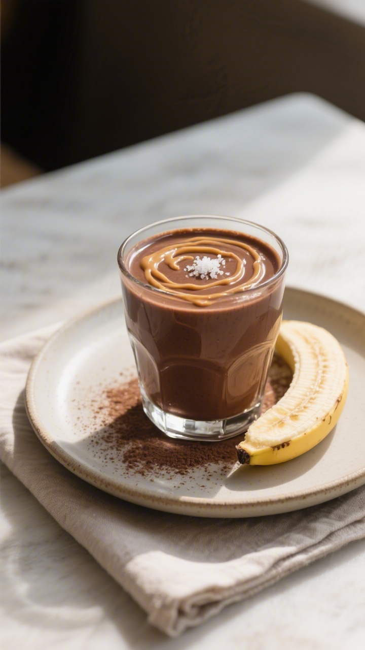 Final dish presentation: Restaurant-quality chocolate banana smoothie served thick in a chilled rock