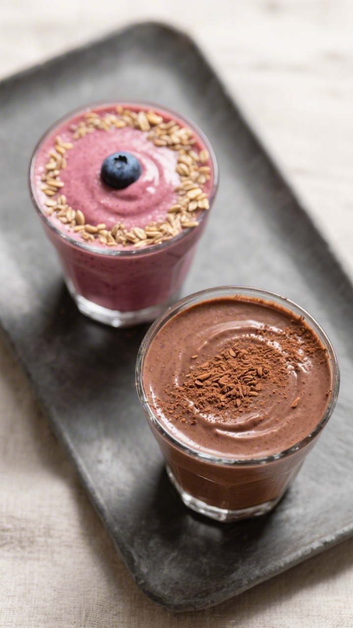 Final dish presentation: Restaurant-quality lineup of two servings—one classic berry-banana smooth