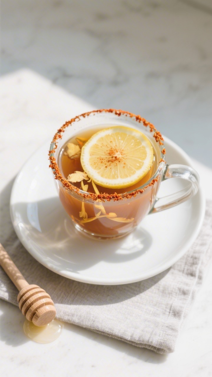 Final dish, top view: overhead shot of the completed metabolism-boosting drink served warm in a thic