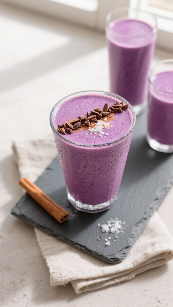 Final dish top view: Overhead shot of the finished smoothie in a tall glass, topped with a neat line
