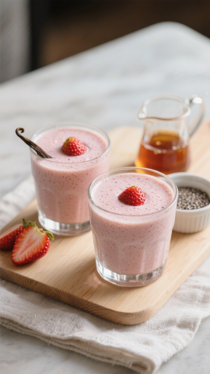 Final glass presentation, restaurant-quality look: two small chilled glasses of Banana Strawberry Sm