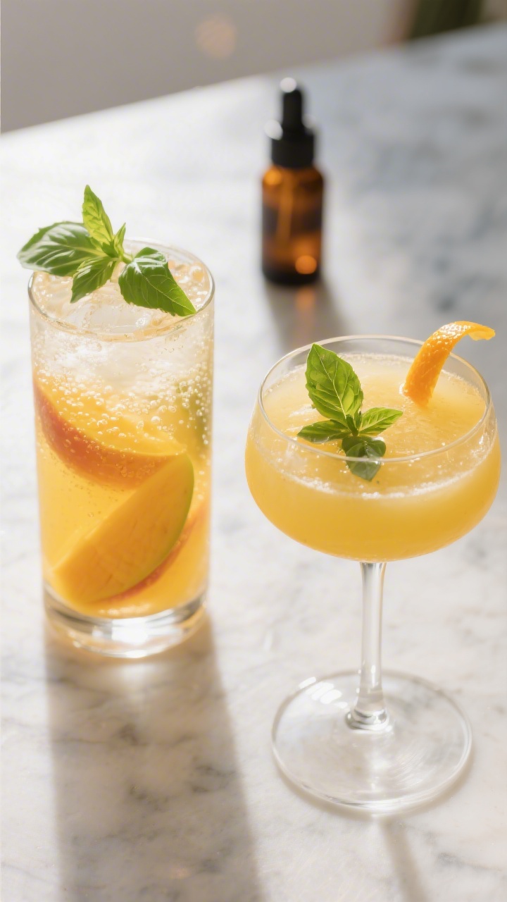 Final presentation: Mango-Basil Spritz served two ways—one tall Collins with sparkling water top-o