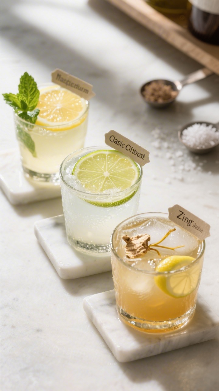 Final presentation trio: three short glasses arranged diagonally—Classic Citrus (lemon-lime, trans