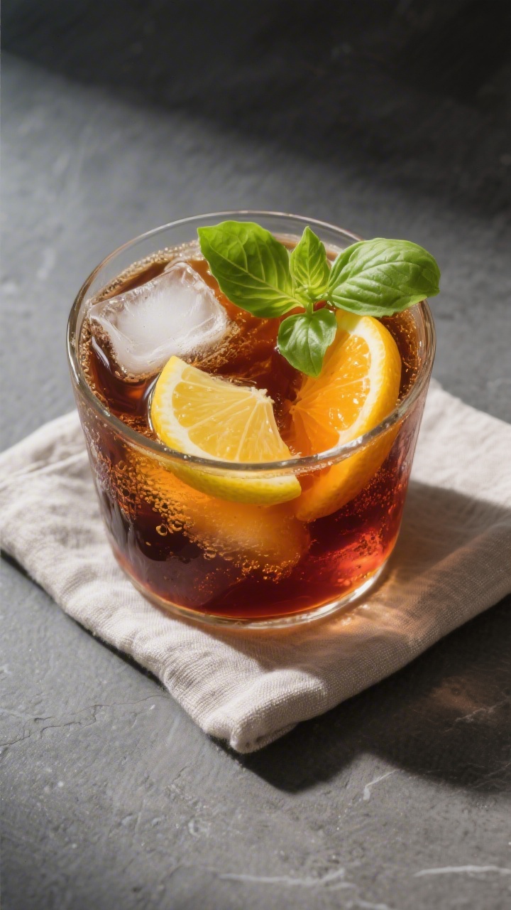 Overhead shot of citrus iced tea final presentation: amber-black tea in a wide, low glass filled wit
