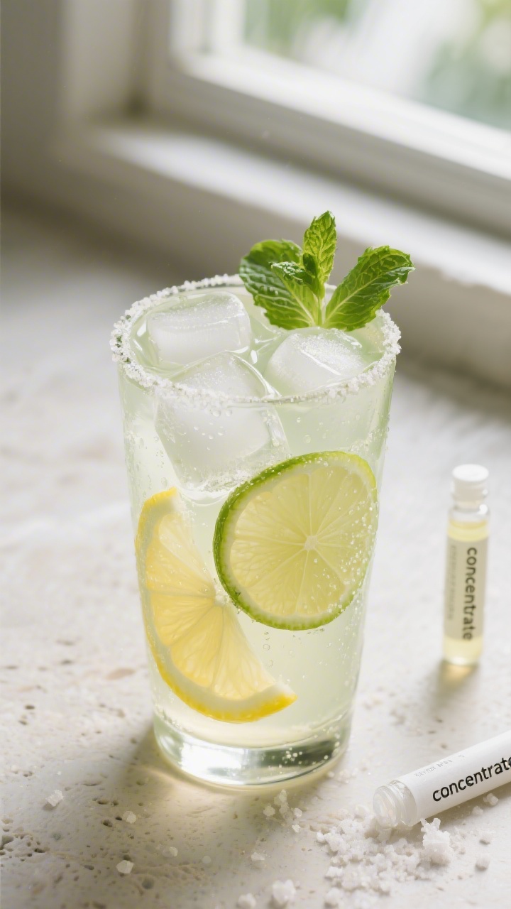 Overhead shot of the finished homemade electrolyte drink in a clear highball glass packed with 4–6