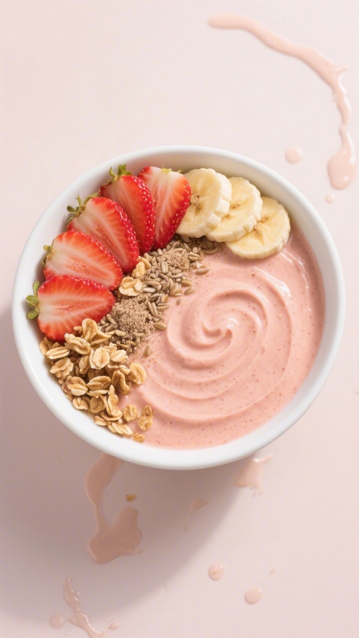 Overhead “tasty top view” of the final smoothie bowl variation: thick banana-strawberry base swi