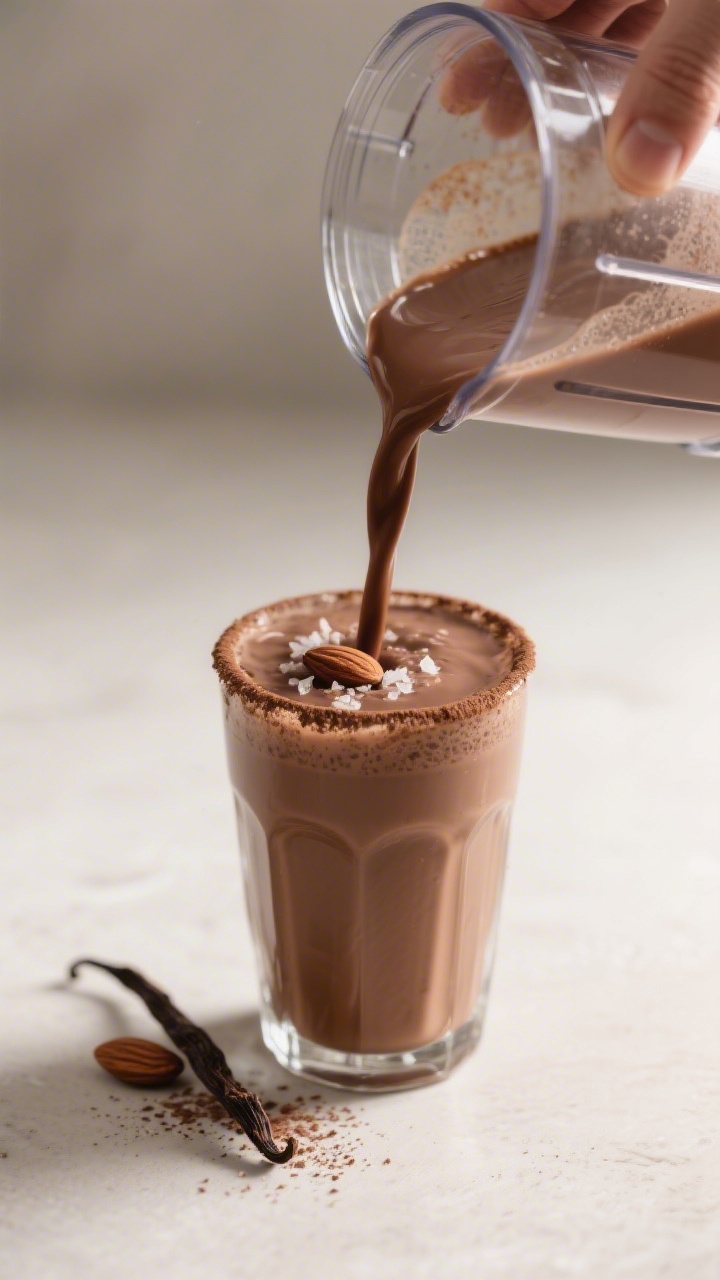 Process shot of chocolate almond milk being finished: silky, frothy, sugar-free chocolate almond mil