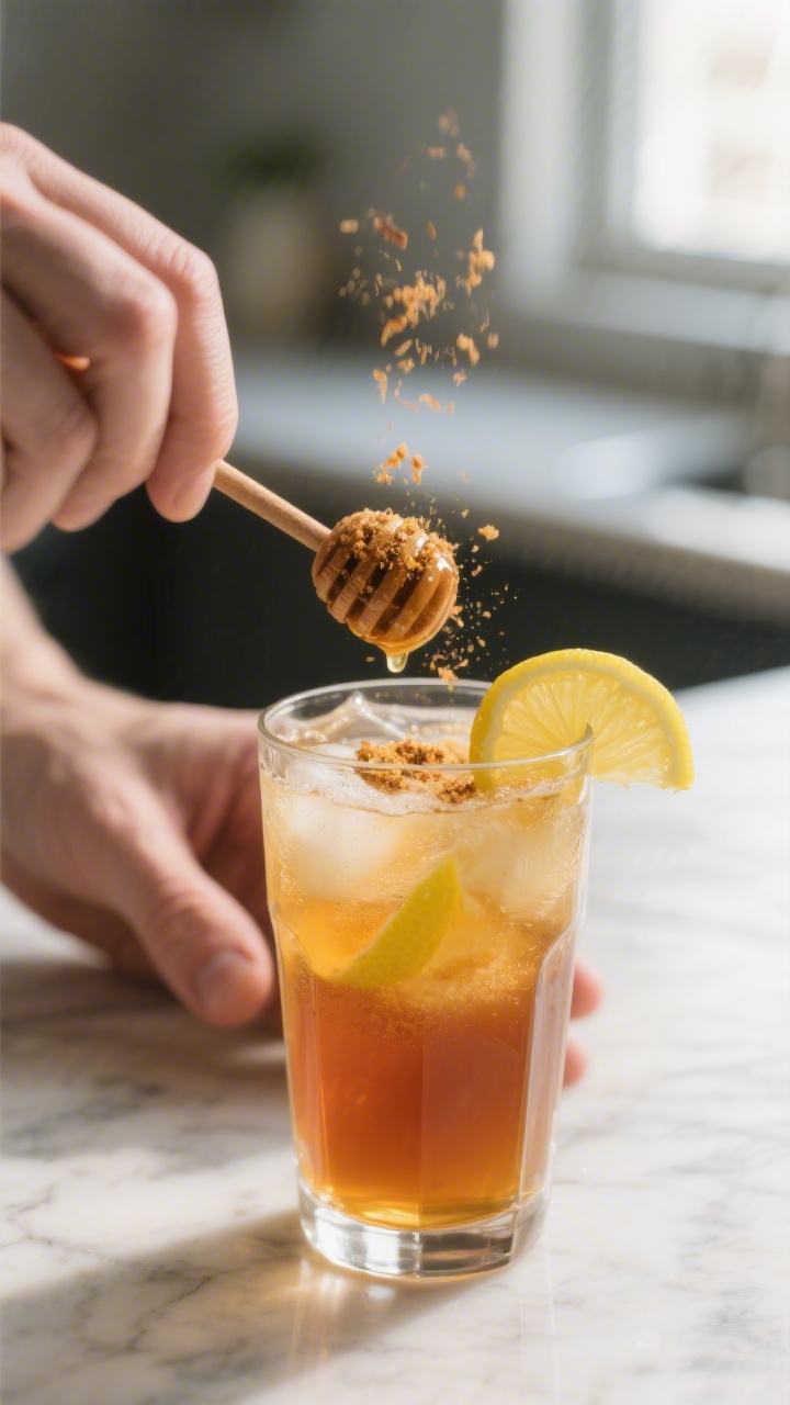 Process shot: the drink being finished in a clear highball glass—honey already dissolved, ACV and 
