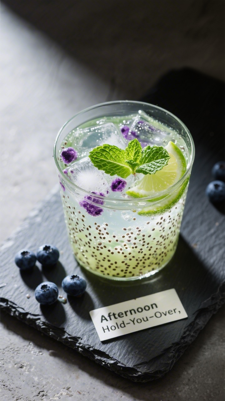 Tasty top view: Chia Lime Cooler fully gelled, overhead shot of a clear glass showing evenly suspend