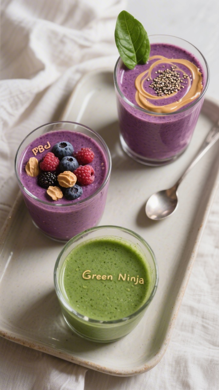 Tasty top view — customizable variations: Overhead shot of a trio of prepared smoothie styles on a