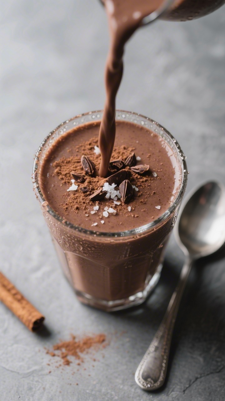 Tasty top view: Overhead shot of a poured chocolate banana smoothie in a clear glass, topped with a 