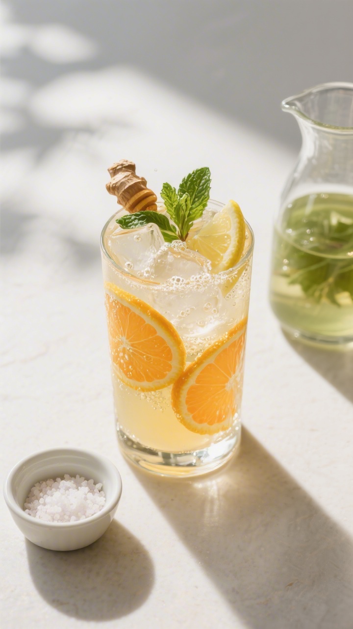 Tasty top view – “Overhead shot of a Sunrise Citrus Spritz: sparkling, pale-gold drink in a tall