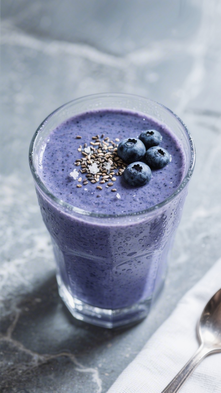 Tasty top view: Overhead shot of a thick blueberry smoothie poured into a chilled clear glass, ultra
