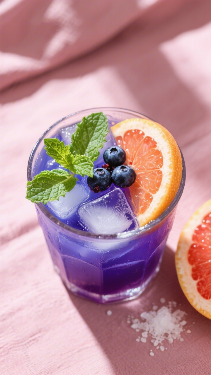 Tasty top view: Overhead shot of the Berry-Citrus Shield served over ice in a low tumbler—deep blu