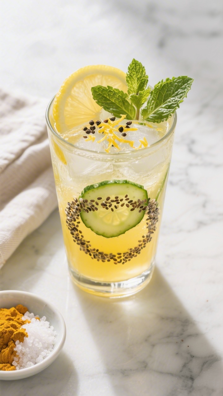Tasty top view: Overhead shot of the final Daily Wellness Drink ready to go—clear highball glass f