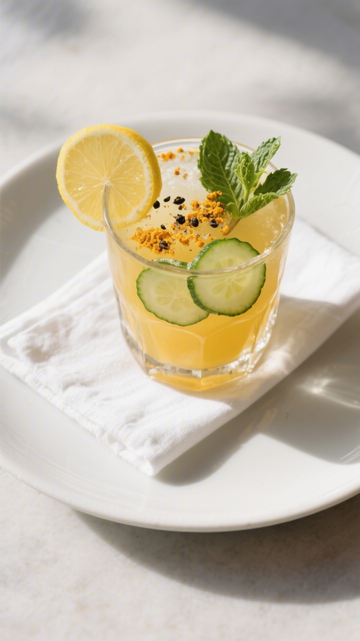 Tasty top view: Overhead shot of the final Flat Belly Detox Drink, golden-citrus hue, served in a ro