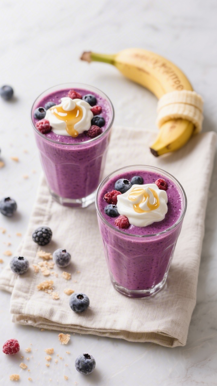 Tasty top view: Overhead shot of the finished 3-ingredient smoothie in two small tumblers, rich mage