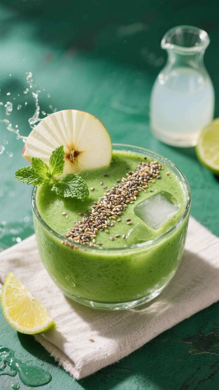 Tasty top view: Overhead shot of the finished detox smoothie in a wide, low tumbler filled with ice,